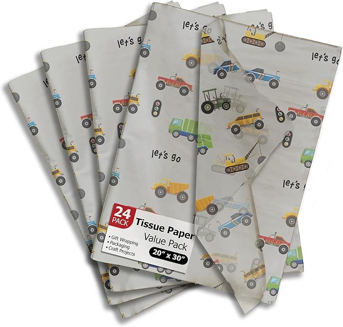 Pro Supply Global Trucks Printed Tissue Paper for Birthday Party Gift Bags or Boxes and Wrapping - Bulk Decorative Art Tissue Paper for Packaging and Gifting | 24 Sheets 20" x 30"