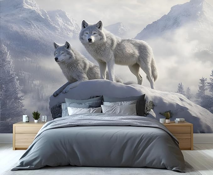 Arctic Wolves Wall Mural, Snow Wolves in Mountain 3D Wall Murals, Winter Wild Animal Wallpaper Mural, for Living Room Bedroom Large Wallpaper Indoor Decor 98.4" W x68.9 H