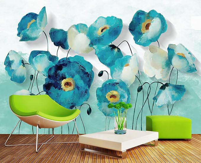 Blue Oil Painting Flowers Wall Mural Wallpaper for Bedroom 103" x 69"