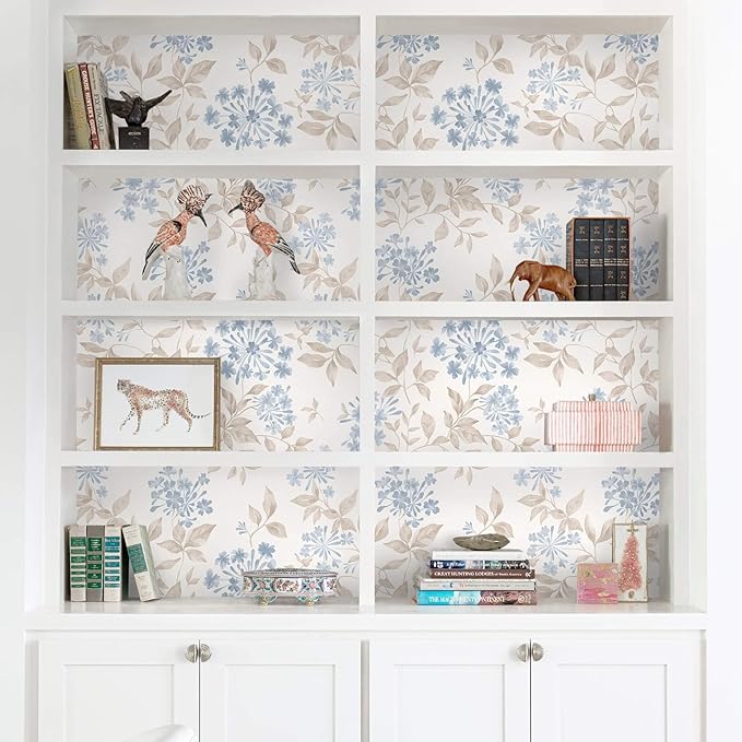 Heroad 17.3''x32.8ft Boho Floral Wallpaper Blue/Beige Peel and Stick Wallpaper Neutral Leaf Contact Paper Removable Self Adhesive Wall Paper for Cabinet Bedroom Bathroom Waterproof Decor Vinyl Roll