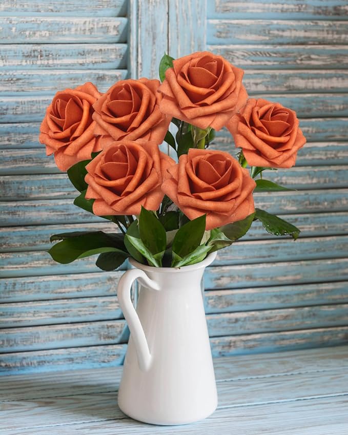 100PCS Burnt Orange Artificial Flowers Realistic Roses, Real Looking Fake Roses with Stem for DIY Wedding Bouquets Centerpieces Bridal Shower Party Home Romantic Decorations (Burnt Orange, 100pcs)