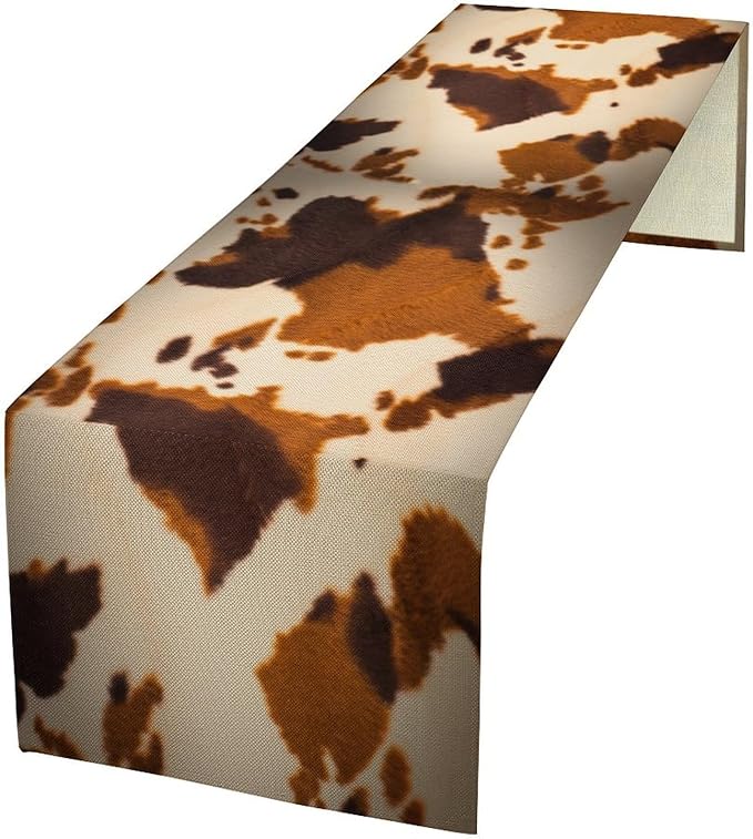 Cow Print Table Runner, Brown Cowhide Print Western Style Table Runner Country Farmhouse Cottage Cow Patten Table Decoration for Home Kitchen Dining, 13x36 Inch