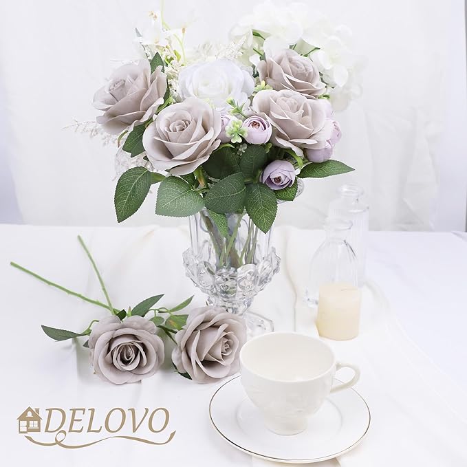 52pcs Grey Roses Artificial Flowers Fake Flowers Silk Roses with Stems for DIY Wedding Bouquets Bridal Shower Centerpieces Arrangements Party Decorations