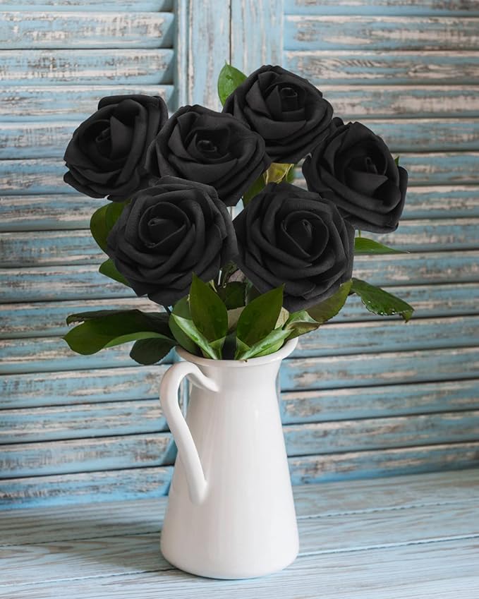 JOYLEX Artificial Flowers Realistic Roses, 50pcs Real Looking Fake Roses with Stem for DIY Wedding Bouquets Centerpieces Bridal Shower Party Home Romantic Decorations (Black)