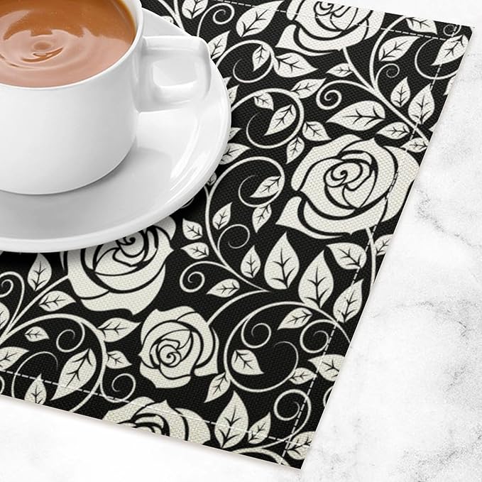 Retro Flowers Placemats Set of 4, 17x12 Inch Modern Aesthetic Black White Florals Leaves Art Print Table Mats for Home Party Kitchen Dining Decor