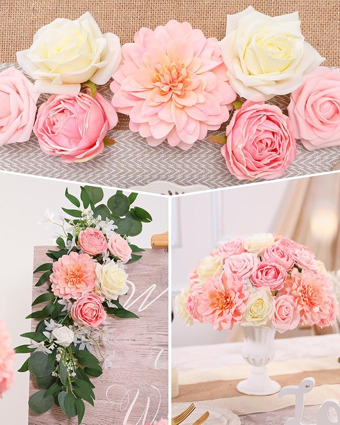Senseya Artificial Flowers Combo, Peach Pink Silk Roses, Peonies, Dahlias with Stems for DIY Wedding Bouquets, Baby Shower, Table Centerpieces, Home Decor, Fake Floral Arrangements, Party Decorations