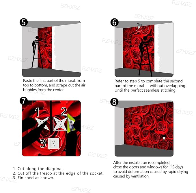 red Rose Floral Wallpaper Bedroom Botanical Flowers murals Aesthetic Room Decor Living Room tv Background Large Wall Mural - 137"x96" Not Peel and Stick