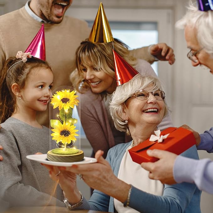 Christmas Sunflower Gifts for Women Mom Grandma, Enchanted LED Sunflower Lamp, Unique Artificial Flowers in Glass Dome, Present for Christmas,Birthday, Anniversary, Wedding,Mother's Day