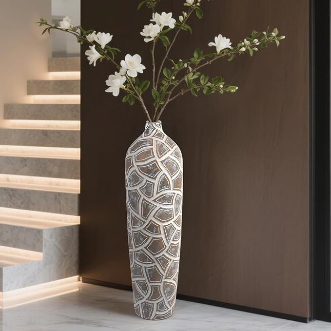 Modern Large Floor Vase,Brown Carved Texture Resin Vase for Home Decor,24.6'' Tall Flower Vases for Entryway Living Room