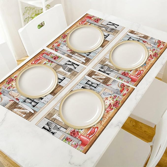 Farmhouse Vintage Kitchen Placemats Rustic Wood Plank Barn Door Retro Strawberry Utensils Knives and Forks Placemats Table Dining Party 12x18 Inch Set of 4