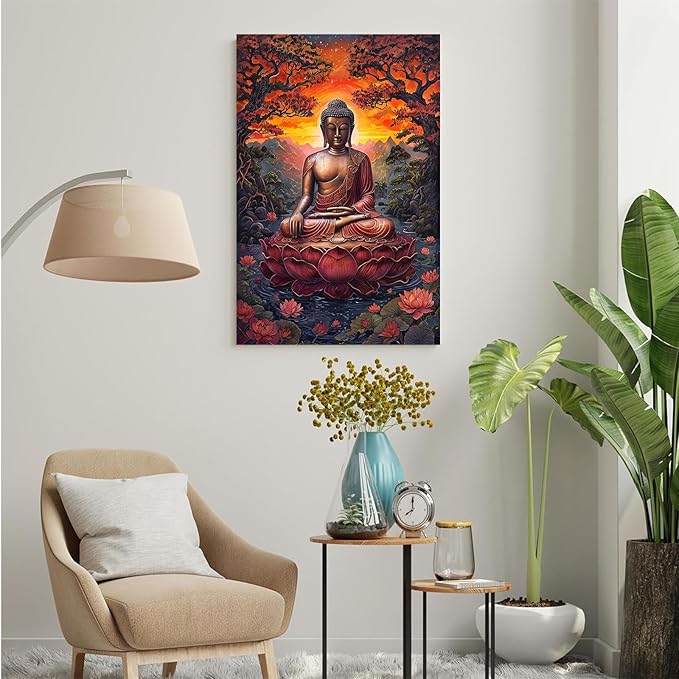 Golden Buddha on lotus seat serene meditation statue amidst lush trees flowing water and sunrise light spiritual home art for a tranquil decor 8x12in Frameless
