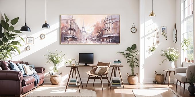 Wall Art Paris Paintings Modern Artwork for Couple Room - Landscape Canvas for Living Room, Bedroom, Office - Large Decor 24"x48" Framed
