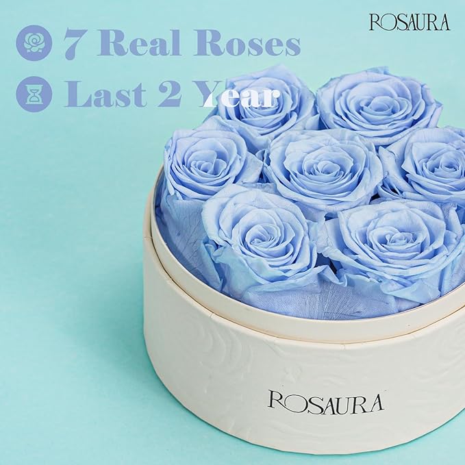 Rosaura Round Preserved Roses Gift Box - Real Forever Flowers for Birthday, Valentine's & Mother's Day (Sky Blue, 7 Roses)