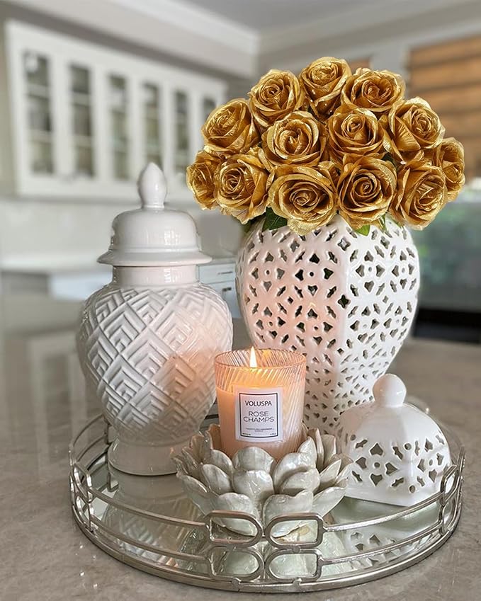 LFF 10pcs Silk Roses Artificial Flowers Fake Long Stem Roses for DIY Wedding Bouquet Home Decoration (Gold)