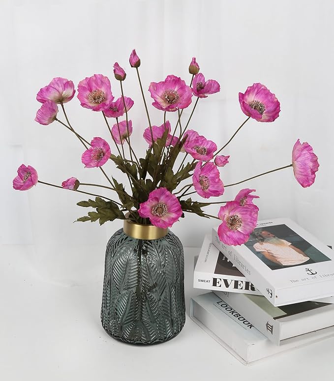IPOPU Artificial Poppies 6PCS Fuschia Silk Flowers with Stems Hot Pink Poppies Flowers Artificial Realistic Floral Arrangements for Wedding Centerpieces Home Table Party Decor (Fuschia)