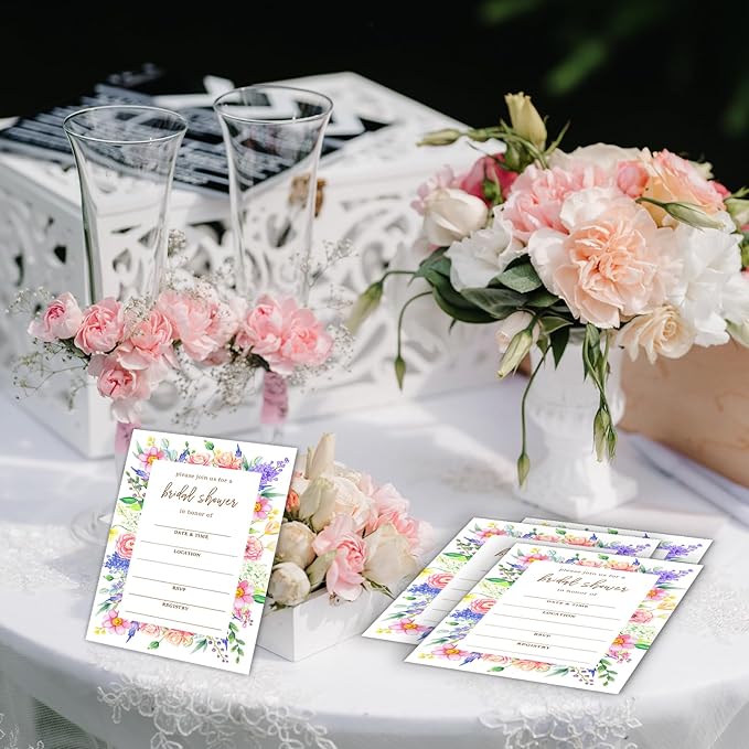Boho Bridal Shower Invitations, Wildflowers Invites with Envelopes, 4x6 Set of 25 Invite Card for Wedding Shower, Newlyweds, Party Favor & Decorations-A05