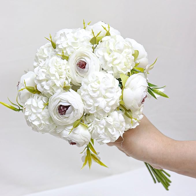Zerzsy Artificial White Peony Flower Bouquet with Green Leaves Stem, Silk Flowers Bouquet Fake Peonies Flower Arrangements Vase Decorating for Centerpiece Table Wedding Party Home