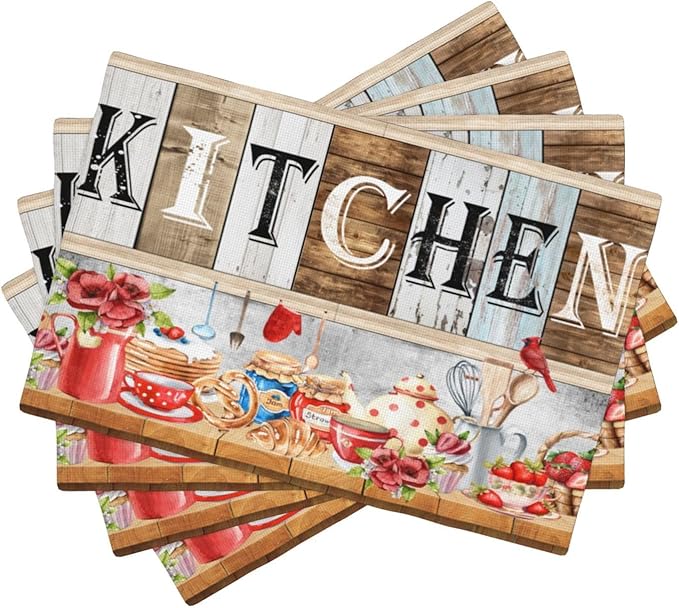 Farmhouse Vintage Kitchen Placemats Rustic Wood Plank Barn Door Retro Strawberry Utensils Knives and Forks Placemats Table Dining Party 12x18 Inch Set of 6