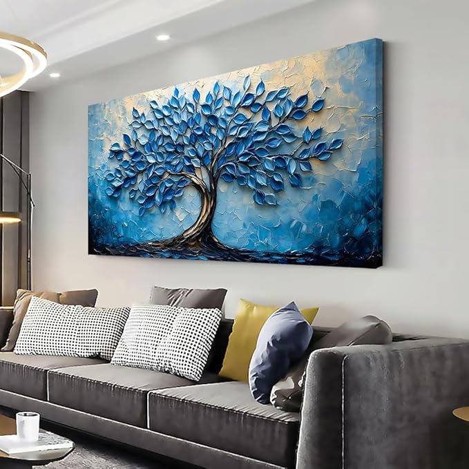 LAVIKARS Modern Tree of Life Wall Art for Living Room Office Navy Blue Abstract Oil Landscape Canvas Painting Prints Large Nature Artwork Home Kitchen Bedroom Decor (16x30 Inches)