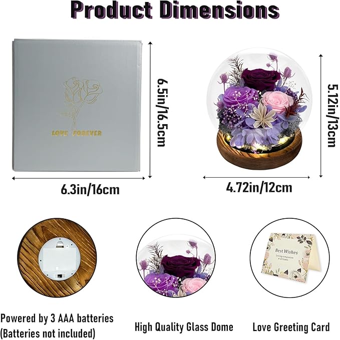 FIACO Gifts for Mom Women Birthday Preserved Flowers in Glass Dome Forever Fresh Flowers for Delivery Prime Long-Lasting Eternal Roses Gifts for Grandma Sister Daughter Wife Her Girlfriend Purple