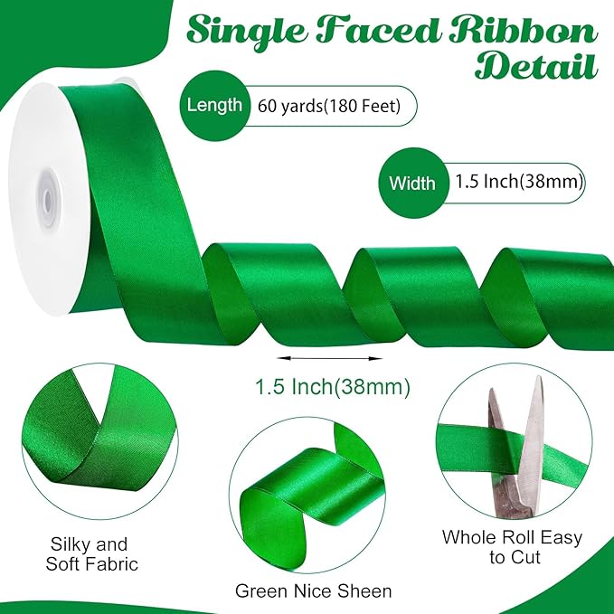 Green Ribbon 60 Yards 1 1/2 Inch Green Satin Ribbon Christmas Ribbons for Flower Bouquet Bows Crafts Gift Wrapping Christmas Decorations