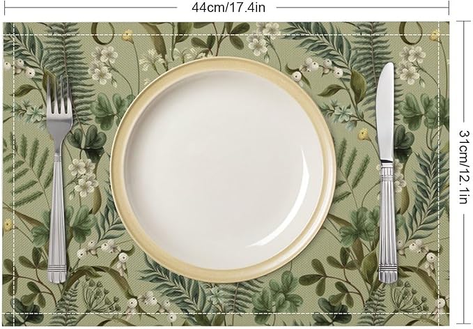 Retro Plant Placemats Set of 4, 17x12 Inch Green Leaves Retro Elegant Nature Plant Aesthetic Table Mats for Home Party Kitchen Dining Decor