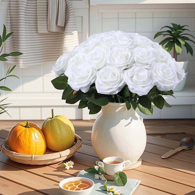 Artificial Rose Flower White Flowers White Roses Silk Flowers 50 pcs with Long Stem Silk Roses Bouquet for Wedding Bridal Shower Party Home Decoration