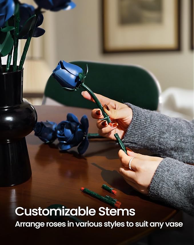 iATOM Blue Rose Bouquet Building Set, Gift for Christmas, Artificial Flowers Botanical Collection for Adults - Gothic Home Office Table Centerpiece Retro Decor - IA11007