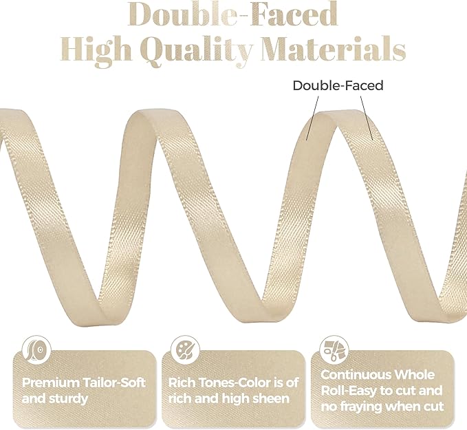 Beige Satin Ribbon, Double Faced 1/4 Inch X 25 Yards Beige Ribbon, Premium Satin Ribbon for Gift Wrapping, Crafts, Hair Bow Making, Sewing, Flower Bouquet, Wedding Party Decor