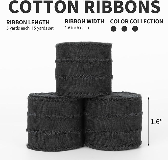 Black Ribbon 1-1/2" x 15Yd Handmade Fringe Cotton Ribbons for Wedding Invitations, Bridal Bouquets Wrapping, Bow Making DIY Crafts Home Decor for Halloween