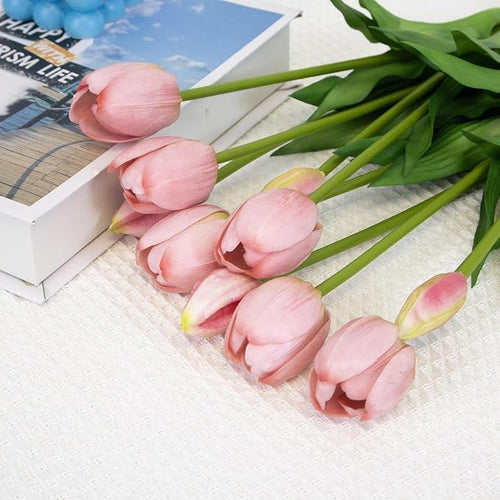 10 Pack Real Touch Tulips Artificial Flowers, 15.7 Inch Bendable Latex Tulips - No Maintenance Faux Flowers for Vase, Home Decor, Wedding Centerpiece (Pink)