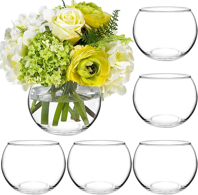 6 Pack Clear Round Glass Vases, 4.7” W x 3.5” H, Bubble Bowl Flower Vase for Table Centerpieces, Candle Holders for Wedding Event Home Decor