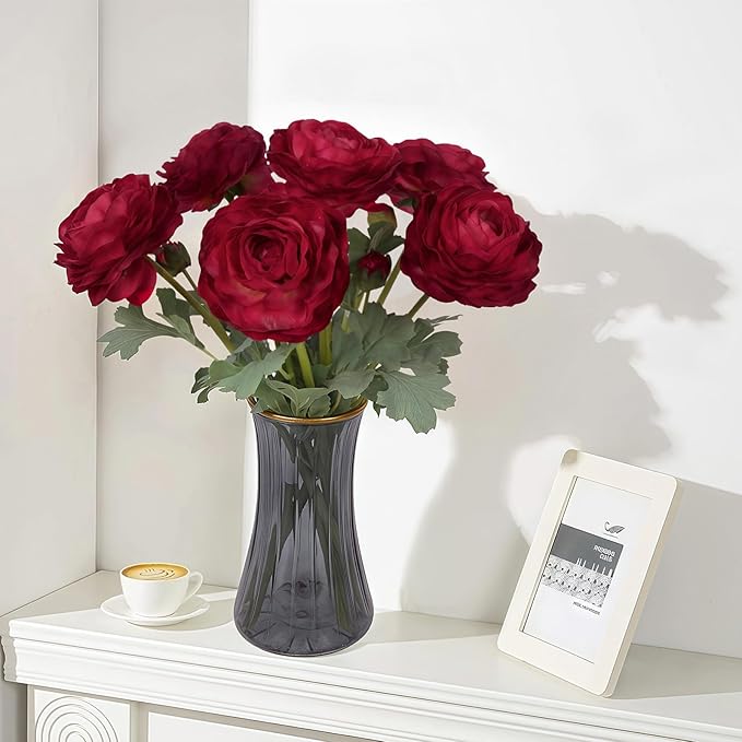Dark Red Ranunculus Artificial Flowers 6PCS Real Touch Ranunculus Flowers Fake Peonies Artificial Flowers for DIY Wedding Bouquet Party Table Home Decor(Dark Red)