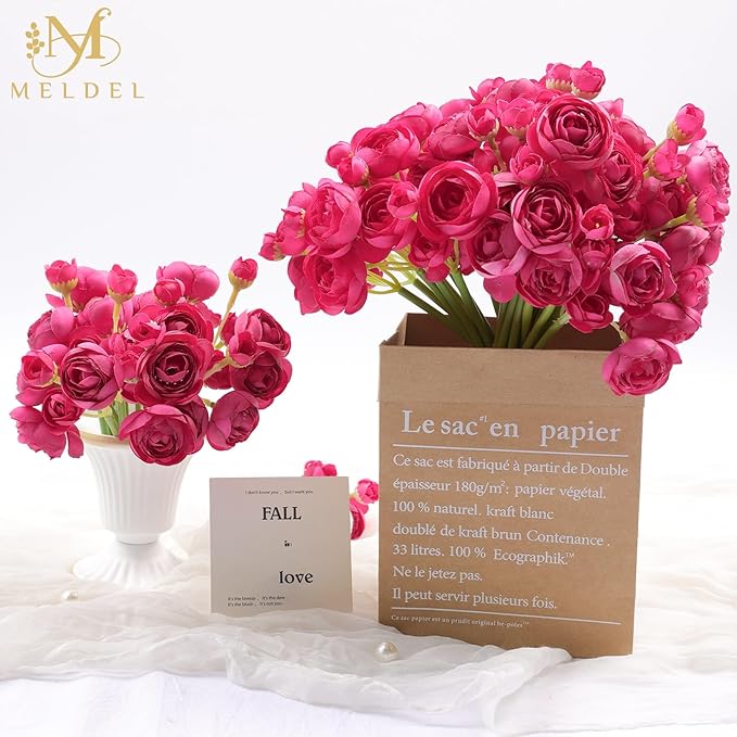 Meldel 32Pcs Ranunculus Artificial Flower Rose with Stems, Faux Rose Red Ranunculus for DIY Bouquet, Bulk Fake Peony Wedding Filler Flowers for Centerpieces Arrangements Bridal Shower Decoration