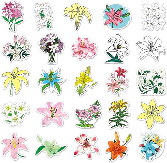 Lily Vinyl Stickers for Teens Boy Girls Kids|50 Pcs|Trendy Cartoon Waterproof Stickers for Laptop Phone Tablet Luggage Flasks Water Bottle Notebook Bike Scrapbook,Aesthetic Flowers Decals Pack(Lily)