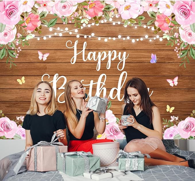 Happy Birthday Banner Rustic Wooden Butterfly Happy Birthday Backdrop for Women Girls Pink Floral Glitter Lights Decorations for Women's Party Adult Celebration Photography Background 5.9x3.6Ft