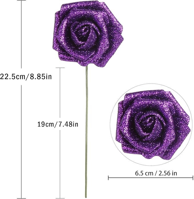 IPOPU Artificial Glitter Roses,50PCS Purple Glitter Flowers Sparkle Fake Roses for Cake Wedding Bouquet Home Party Decoration(Purple)