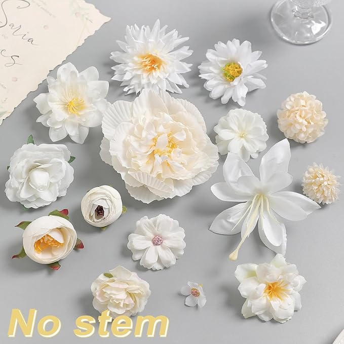 Artificial Flowers Heads Combo White Flowers Mix Silk Flowers Heads Bulk Faux Rose for Craft Garland Graduation Cap Wedding Bridal Baby Shower Home Party Decoration DIY Cake Decor