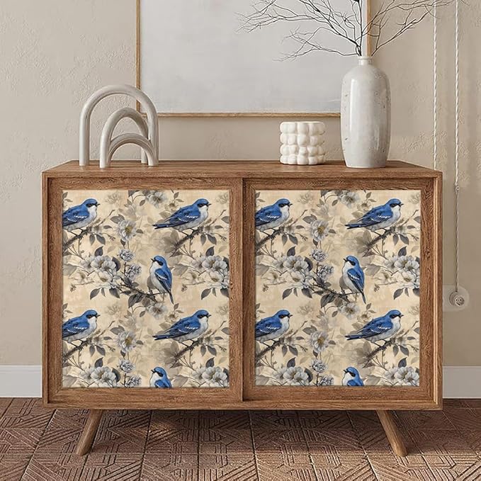 Vintage White Cherry Flowers Blue Birds Peel and Stick Wallpaper Easy Peel Off Contact Paper Stick on Adhesive Wall Paper for Bathroom Waterproof Renter Friendly