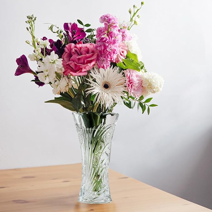 CS Crystal Vase 12-inch high, Sunflower Design, for Flowers & Decor. Lovely Nice Shiny Piece. Perfect as a Gift, Suitable for All Occasions.