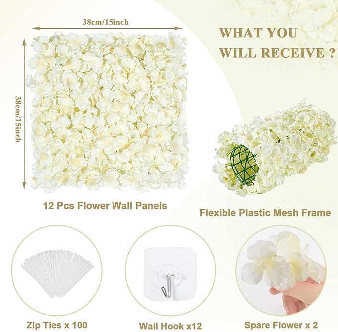 Ivory Backdrop Flowers Wall Panels: 12 Pcs 15 x 15 Inch Floral Backdrop Artificial Flower Wall Decor for Baby Shower Wedding Photo Background Decoration (3.75ft by 5ft)