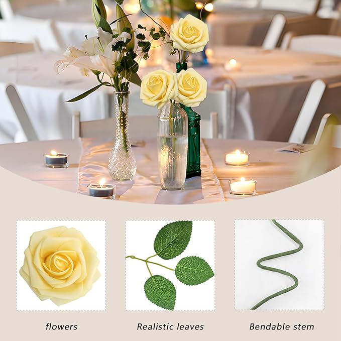 Artificial Flowers Creamy Yellow Roses 200Pcs Real Looking Foam Fake Roses with Leaves for DIY Wedding Bouquets Bridal Shower Party Decorations (Creamy Yellow, 200)