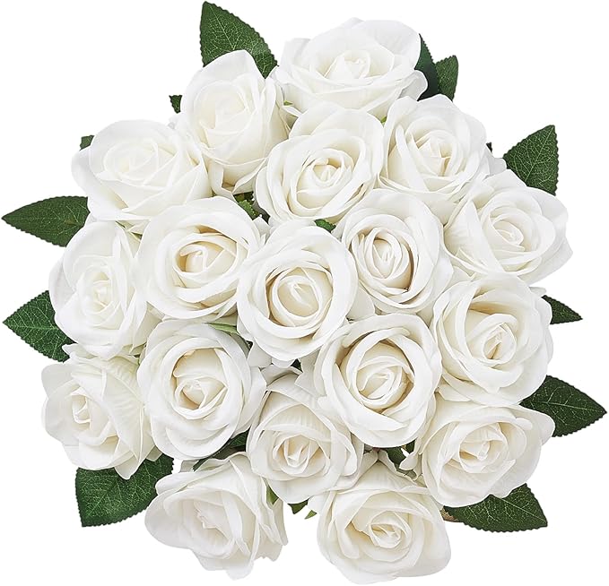VEVOR Artificial Flowers, 60 pcs Real Looking White Foam Fake Roses Bulk, White Faux Bridal Shower with Stems for DIY Wedding Bouquets, Home Centerpieces Arrangements, Party Tables Decorations