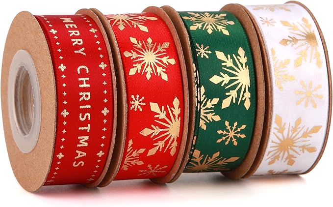 4 Rolls 20 Yards 5/8 Inch Christmas Candy Peppermint Ribbon Red and White Stripe Cotton Ribbons for Gift Wrapping, Wreath,Tree Decoration, Outdoor Deco (Gold foil Printed)