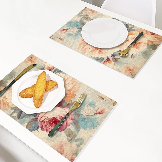 Placemats Set of 4 Waterproof Oilproof Table Mats Vintage Rose Pattern Washable Wipeable Heat Resistant Easy to Clean for Indoor Outdoor Party Kitchen Dining Table Decoration 12 * 18in