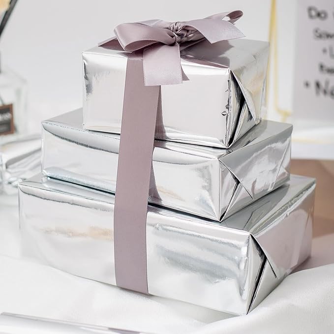 Merture Metallic Silver Wrapping Paper Roll - 17 In X 16.4 Ft(23.3 sq.ft.) Solid Color Silver Gift Wrap with Cutting Lines for Christmas, Wedding, Birthday, Valentines Day, Mothers Day, Baby Shower