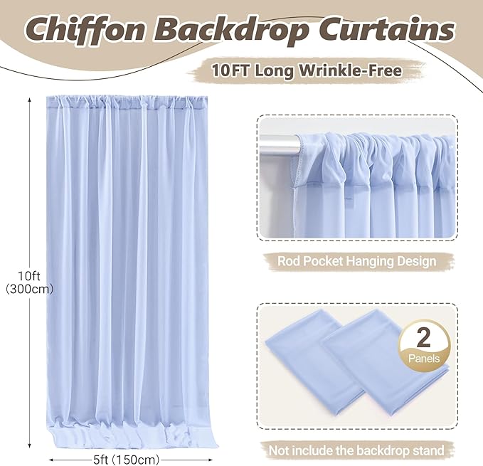10ft x 10ft Baby Blue Backdrop Curtains, Wrinkle-Free Sheer Chiffon Fabric Photo Backdrop Draping Fabric for Wedding Arch Baby Shower Gender Reveal Photography Decorations