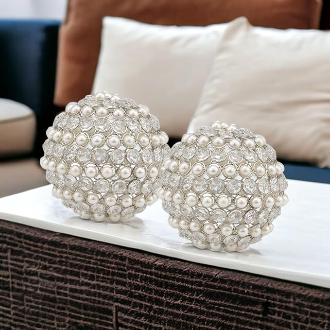 Modern Day Accents 3879 Facetas Perla 5" Silver Cristal & Pearl Spheres - Set of 2, Home Decor, Coffee Table Decor, Decorative Balls, Gem Sphere Ball, Modern Home Decor, Bowl fillers, Gemstone