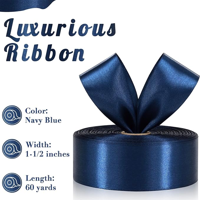 Navy Blue Ribbon 1-1/2 Inch, 60 Yards Dark Blue Satin Ribbon for Gift Wrapping, Fabric Ribbon for Hair Flower Bouquet Crafts Christmas Wedding Party