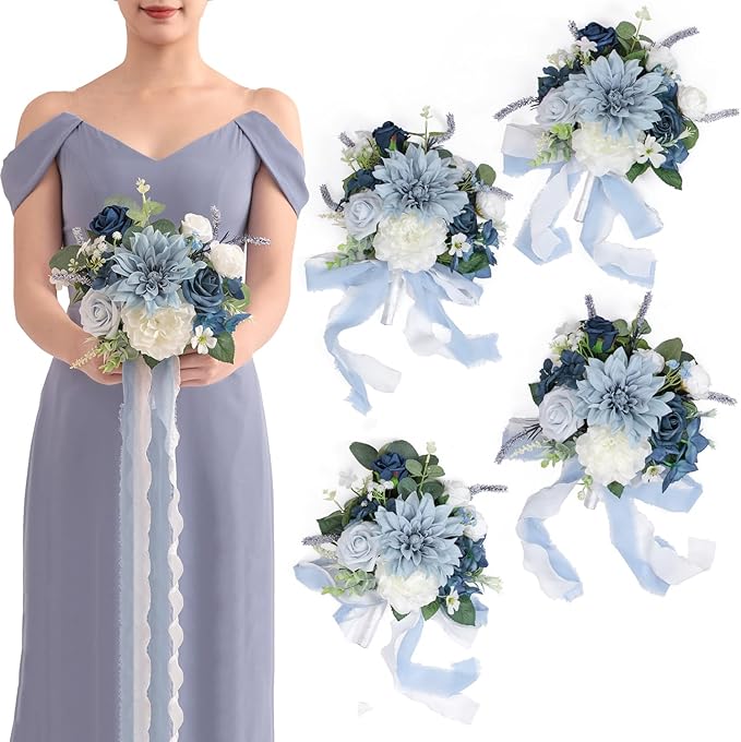 TINGE TIME 7inch Wedding Bouquets for Bridesmaid, Artificial Flowers Cascading Bridal Bouquet for Wedding (DarkBlue, Set of 4)